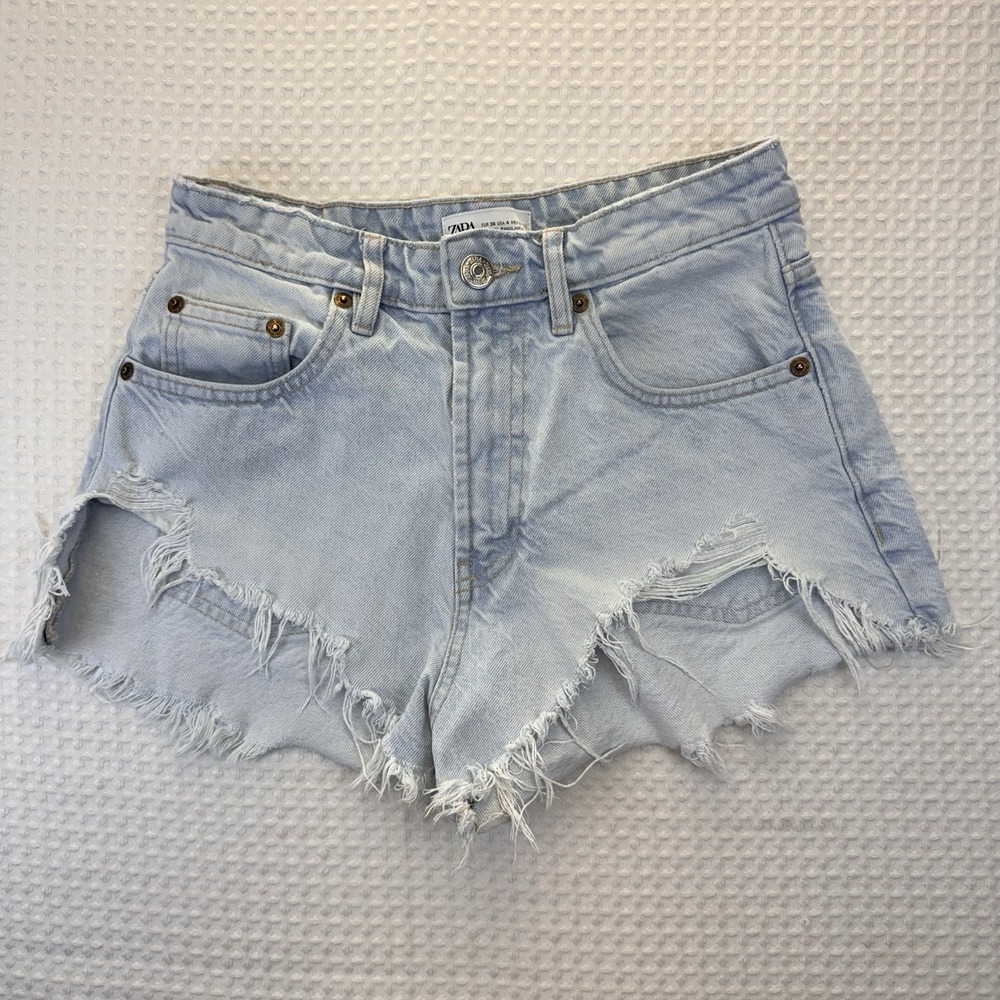 Zara Women's Denim Cut-Off High-low Shorts Size 4 Blue Raw Hem Casual